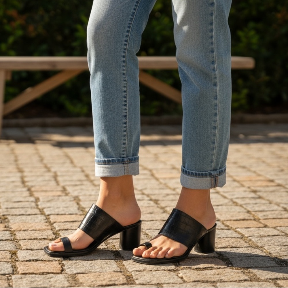OFFICE LONDON Toe Strap Croc Embossed Sandals Black